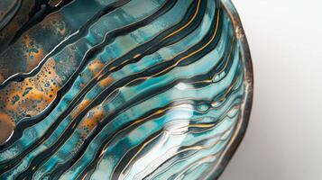 An overhead view of a bowl featuring stripes of dark and light turquoise and hints of metallic gold all created through the dynamic effects of soda firing. photo