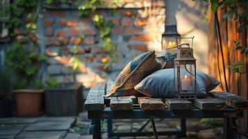 In one corner of the workshop a small picnic table is set up adorned with a lantern and surrounded by pillows for a cozy resting spot. 2d flat cartoon photo