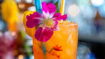 A closeup of the winning drink garnished with an edible flower and colorful straw eagerly waiting to be tasted and judged photo