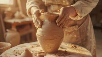 A closeup shot of someones hands carefully molding a slab of clay into a beautiful vase photo