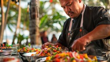 racimos de palma arboles influencia en el antecedentes como el cocinero prepara un mango y aguacate ceviche exhibiendo el abundancia de tropical Produce disponible en el costa foto