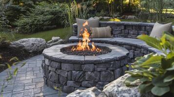 A stone fire pit with a builtin bench providing a comfortable spot for roasting marshmallows and stargazing. 2d flat cartoon photo