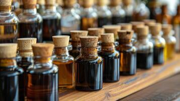 un colección de hecho a mano todo natural barba aceites en vaso botellas con de madera tapas foto