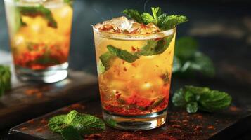 Indulge in the vibrant colors and flavors of a blazing mint julep bursting with a fiery kick photo