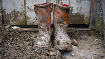 un par de sy puntera de acero botas salpicado con seco cemento y marcado con el trabajadores nombre en permanente marcador foto