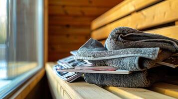 A stack of magazines next to a person reclined and bundled up in towels relaxing in the sauna. photo