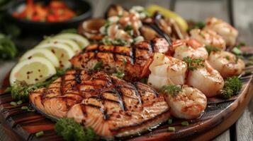 A platter piled high with a variety of firegrilled seafood succulent scallops tender calamari and ery salmon all kissed by the flames and bursting with bold flavors photo