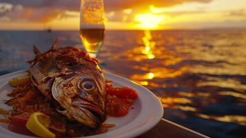 después un día de explorador un puesta de sol cena crucero incluye Fresco A la parrilla pescado atrapado ese Mañana y preparado a bordo por un renombrado cocinero foto
