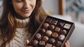 un mujer sostiene un caja de chocolates en su manos un sonrisa en su cara como ella admira el hermosa embalaje antes de complacer en sus contenido foto