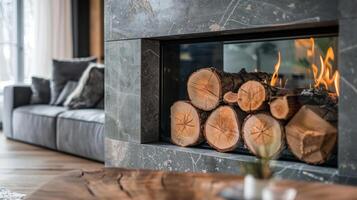 The wood logs crackle and pop in the fireplace providing a rustic charm to the modern industrial decor. 2d flat cartoon photo