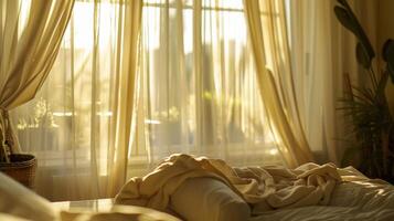 grueso color crema cortinas marco el ventanas creando un suave y romántico ambiente en el habitación. 2d plano dibujos animados foto