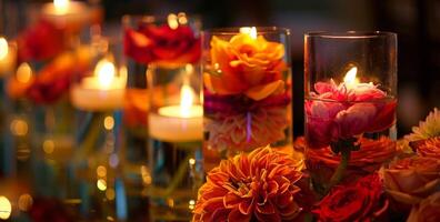 Vibrant flowers float in glass vases filled with water and lit by floating candles providing a serene and dreamy ambiance for the ceremony. 2d flat cartoon photo