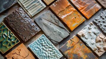 A collection of textured ceramic tiles are laid out on a table showcasing the many possibilities and effects that can be achieved through experimenting with pottery textures. photo