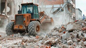 A bulldozer pushing through the rubble and debris of a demolished building preparing the site for new construction photo