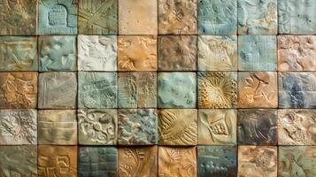 A series of small clay tiles with handcarved imprints giving them a rustic and individualized look when installed as a backsplash or accent piece. photo