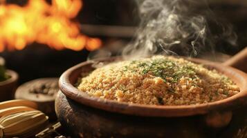 A mouthwatering bowl of farofa catches the eye with its mixture of crunchy manioc flour and flavorful seasonings combining to create a uniquely Brazilian dish. The smolderin photo