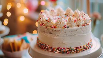 A picture of a beautifully decorated cake the centerpiece of the anniversary celebration with Congratulations written in frosting on top photo