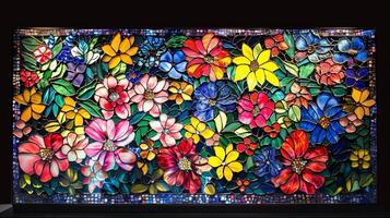 Blank mockup of a stained glass sculpture plaque featuring a colorful mosaic of flowers. photo