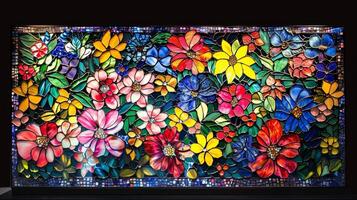 Blank mockup of a stained glass sculpture plaque featuring a colorful mosaic of flowers. photo