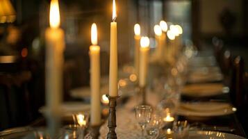 A long narrow dining table is lined with a row of elegant taper candles as the centerpiece creating a dramatic and intimate ambiance. 2d flat cartoon photo