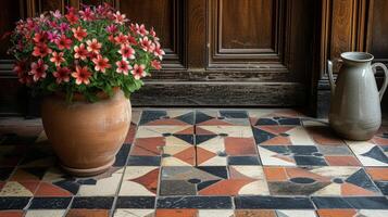 A closeup of a traditional geometric pattern made of marble and terracotta tiles adding oldworld charm to this entryway photo