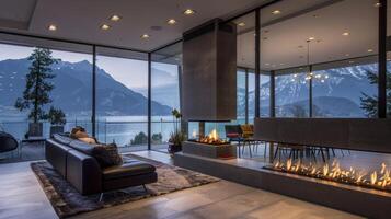 The sleek linear fireplace is artfully positioned in the corner of a room allowing guests to enjoy its warmth and admire the breathtaking scenery outside its glass walls. 2d flat cartoon photo