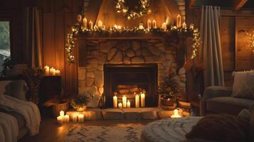 The mantle above the fireplace is decorated with flickering candles and a simple garland of dried flowers adding a touch of rustic charm to the room. 2d flat cartoon photo