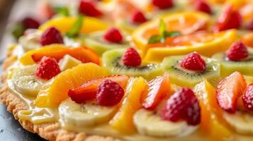 A tropical fruit pizza with a crispy sugar cookie crust topped with a zesty lemon glaze and a colorful array of sliced tropical fruits photo