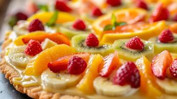 un tropical Fruta Pizza con un crujiente azúcar Galleta corteza coronado con un picante limón vidriar y un vistoso formación de rebanado tropical frutas foto