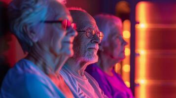 A fitness instructor leading a group of seniors through a lowimpact exercise routine inside an infrared sauna utilizing the saunas heat to enhance the workout. photo