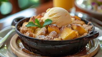 A tropical twist on a classic dessert a peach and mango cobbler served warm and topped with a scoop of coconut ice cream photo