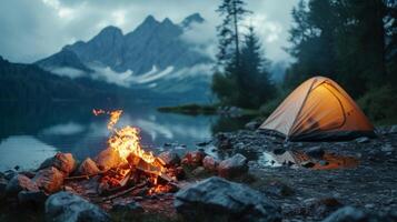 A cozy campsite with a tent and a campfire representing the couples dream of exploring nature and the great outdoors during their retirement photo