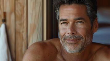 A closeup shot of a beloved actor with a postsauna glow touting the benefits of sweating out toxins and promoting healthy skin. photo