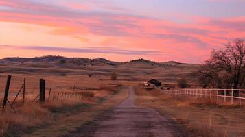 The sky transforms from shades of pink to orange as the sun peeks out over the horizon casting a warm glow on the ranch photo