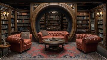 An oldfashioned spinning bookcase stands in front of a secret room ready to be turned and reveal the hidden space beyond. The vintage charm of the bookcase adds to the intrigu photo