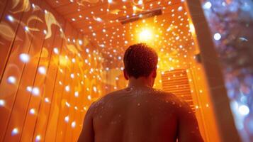 A person emerging from the sauna their skin glistening with perspiration a sign that the infrared heat is helping to detoxify their body and improve their overall health. photo