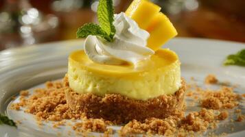 A mini key lime pie topped with a dollop of whipped cream and a slice of fresh mango served on a bed of crushed graham crackers photo