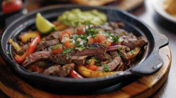 A mouthwatering dish of fajitas served piping hot with a side of fresh guacamole and salsa. The sizzle of the meat seared to perfection is a feast for all the senses photo