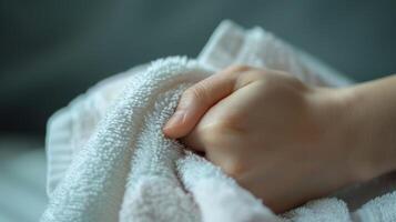 A persons hand holding a towel wiping away sweat and representing the cleansing of the body. photo