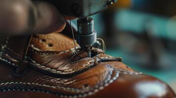 The delicate process of attaching the upper to the sole of a shoe using small precise stitches photo