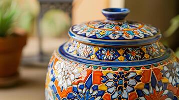 A ceramic e jar with a vibrant and colorful mosaic design reminiscent of traditional Spanish tiles. This jar adds a touch of exotic charm to your e collection. photo