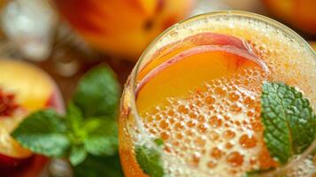 A closeup of a glass filled with cloudy fizzy kombucha adorned with fresh slices of peach and mint leaves photo