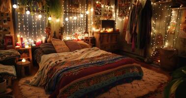 A romantic bohemian bedroom with colorful blankets and dozens of hanging candles creating a warm and inviting atmosphere. 2d flat cartoon photo