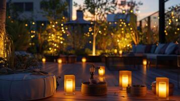 The golden light of the candles makes the rooftop look like a dreamy garden perfect for stargazing. 2d flat cartoon photo