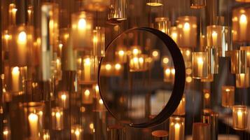 A round mirror is surrounded by an artful display of hanging candle holders creating an enchanting and reflective feature wall. 2d flat cartoon photo