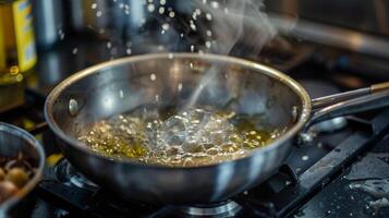 A bubbling saucepan on the stovetop as the ingredients for a flavorful sauce for the main course come together photo