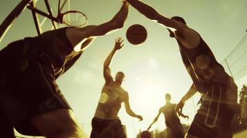 un grupo de individuos atractivo en un intenso juego de baloncesto transpiración y trabajando difícil sin el muleta de alcohol foto