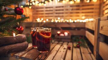 A festive sauna party with friends complete with holiday decorations and warm mulled wine. photo