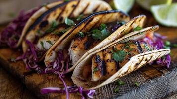 The grill marks on the flaky fish give these tacos an irresistible smoky taste balanced by the cool crunch of cabbage and a hint of heat from the salsa photo