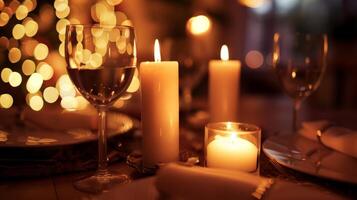 un romántico cena ajuste con un LED vela formación esclarecedor el mesa ajuste el Perfecto humor. 2d plano dibujos animados foto